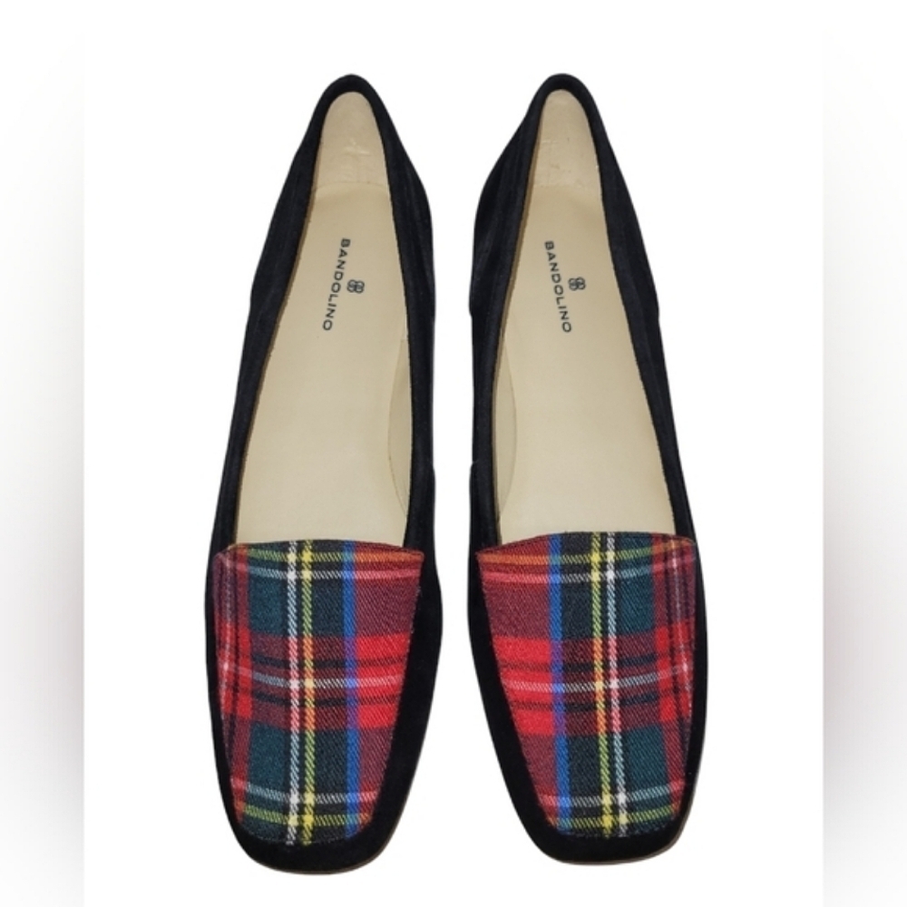 BANDOLINO Liberty  Women's Black Suede Leather Plaid Loafer Flat Shoes